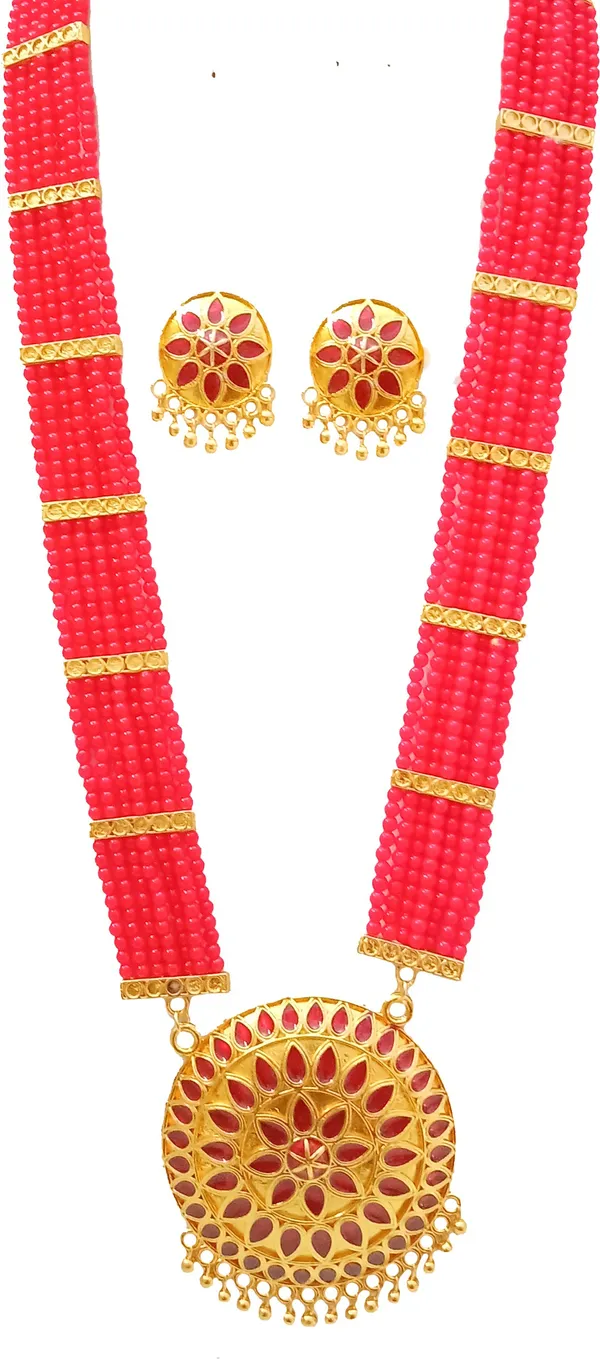 Assamese_Traditional_Gold_Plated_Red_Colour_Japi_Tassel_Jewellery_Set_For_Women
